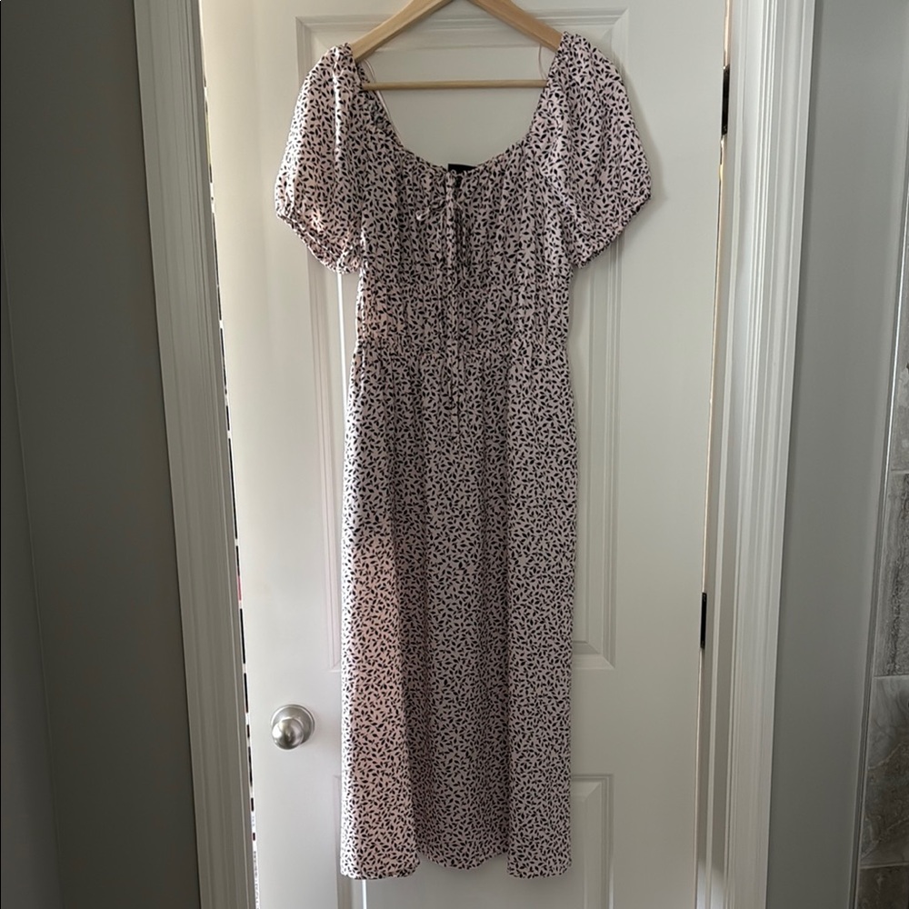 Pink and White Puff Sleeve Midi Sundress